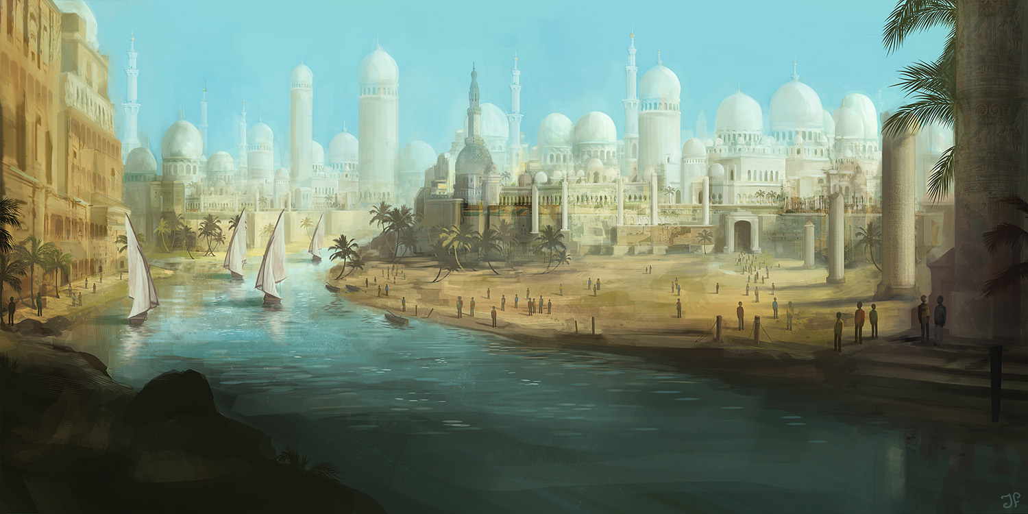 ancient desert city with a large river and boats