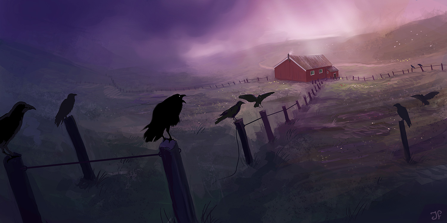 creepy farm surrounded by crows