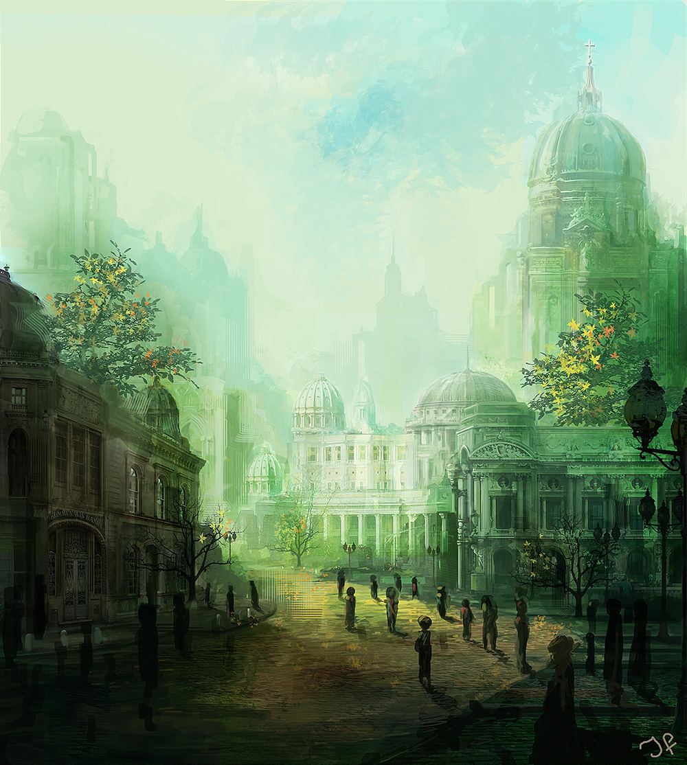 a green city with ornate buildings and yellow road