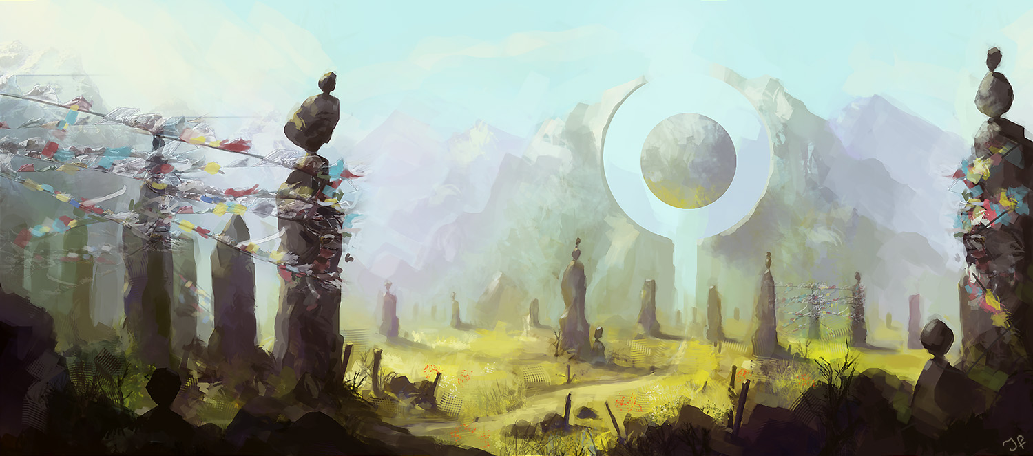 concept environment of strange pillars in an alien landscape