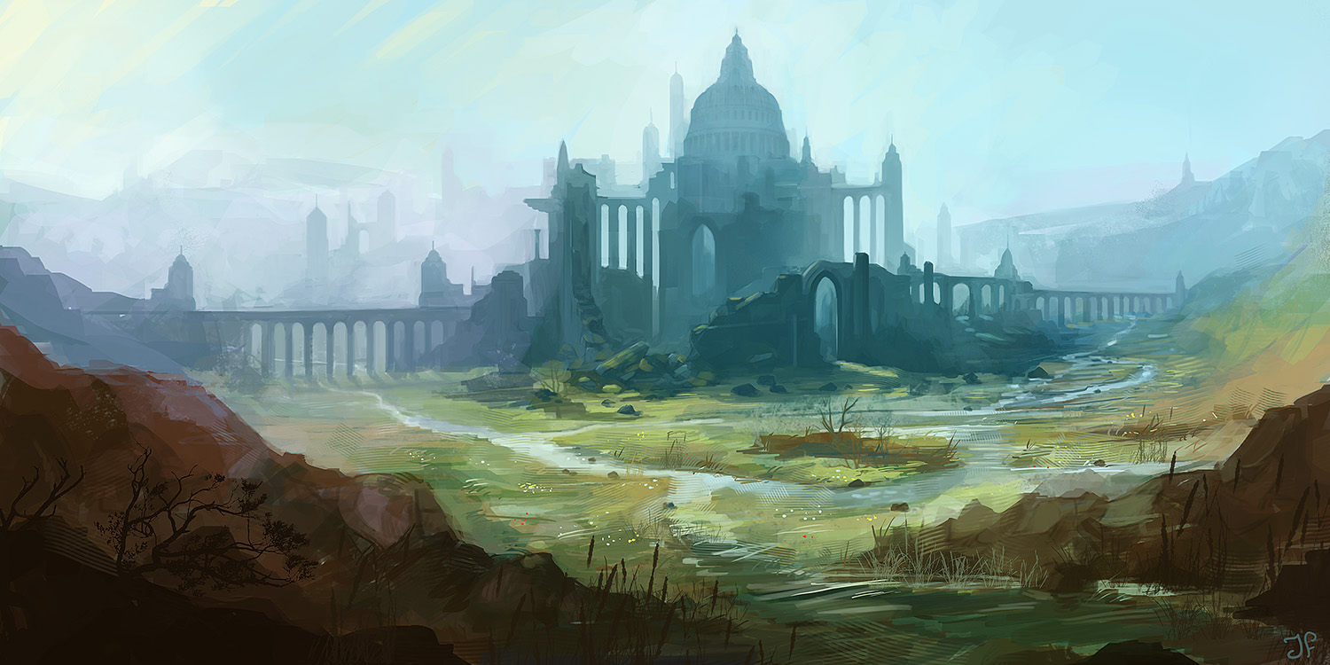 environment concept art of old castle within a swamp