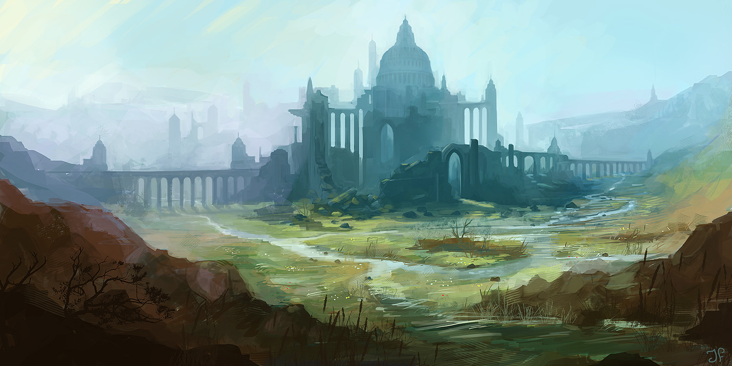 environment concept art of old castle within a swamp