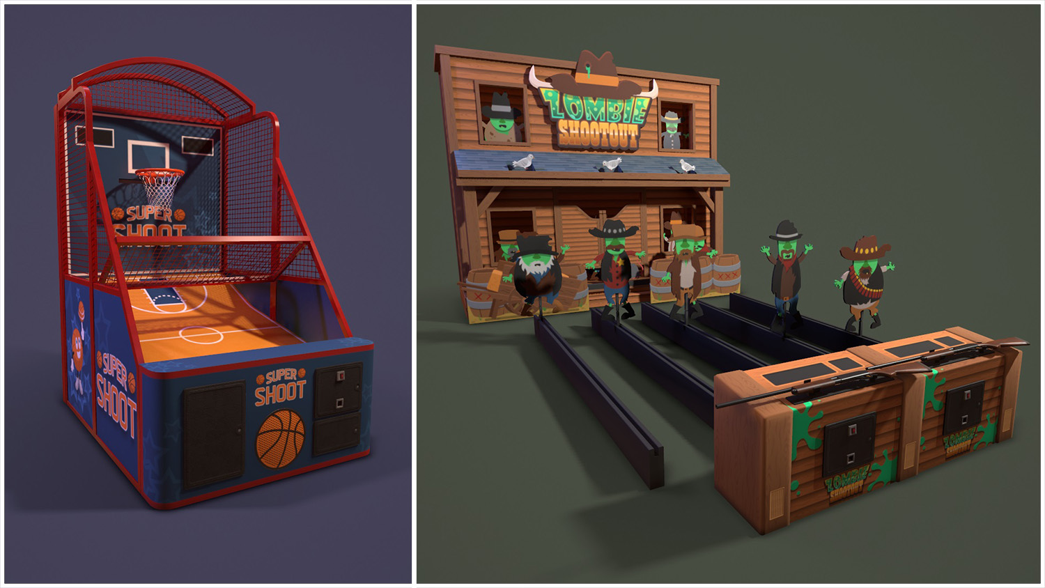 render of basketball and zombie shootout machines